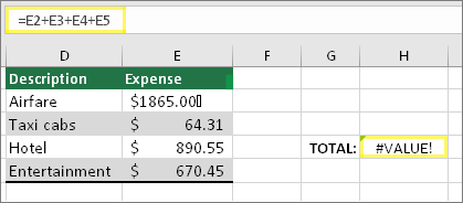 H4 avec =E2+E3+E4+E5 et résultat de #VALUE !