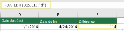 Cellule D15 avec le 1/1/2016, Cellule E15 avec le 24/04/2016, Cellule F15 avec la formule : =DATEDIF(D15,E15,d) et résultat de 114