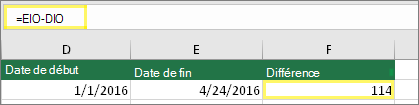 Cellule D10 avec 1/1/2016, Cellule E10 avec 24/04/2016, Cellule F10 avec formule : =E10-D10 et résultat de 114