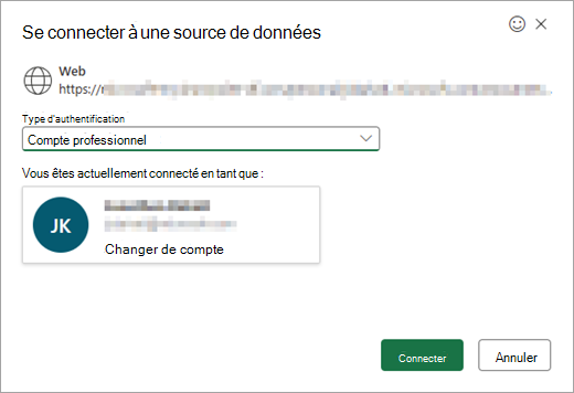 Affiche la fenêtre Se connecter à la source de données, avec une liste déroulante pour sélectionner le type d’authentification.