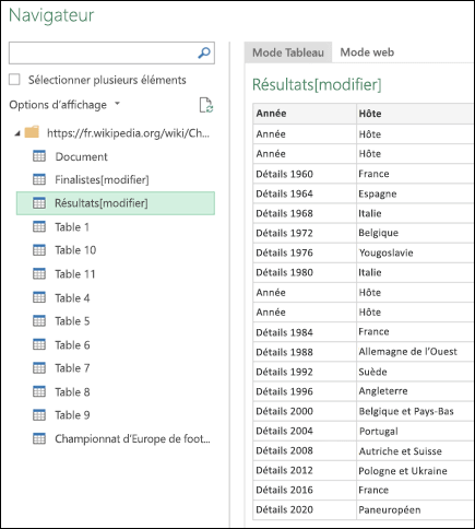 > Power Query à partir de l’affichage table du navigateur web >