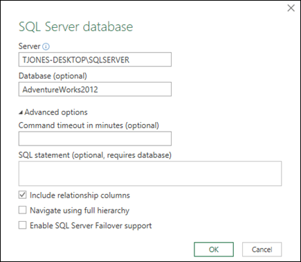 boîte de dialogue de connexion de base de données Power Query SQL Server