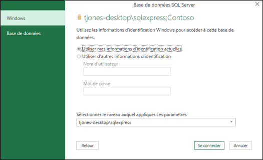 informations d’identification de connexion Power Query SQL Server