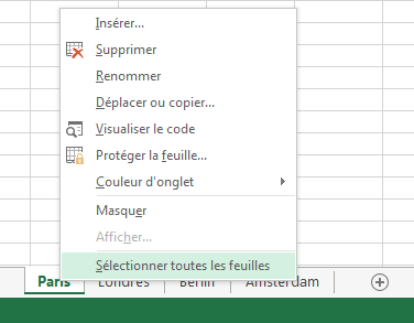 Dans le menu contextuel, l’option Sélectionner toutes les feuilles a été sélectionnée.