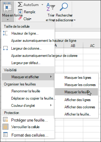 Masquer ou afficher des feuilles de calcul à partir de l’accueil. > Cellules > Mise en forme > VIsibilité > Masquer & Afficher