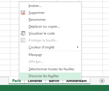 Dans le menu contextuel, l’option Dissocier les feuilles a été sélectionnée.