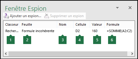 La fenêtre Espion permet de surveiller facilement les formules utilisées dans une feuille de calcul