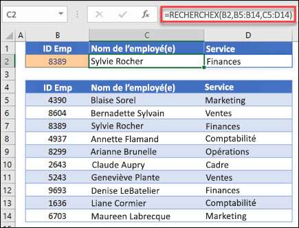 Exemple de la fonction RECHERCHEX utilisée pour renvoyer un nom d’employé et un service en fonction de l’ID d’employé. La formule est la suivante : =XLOOKUP(B2,B5 :B14,C5 :D14,0,1)