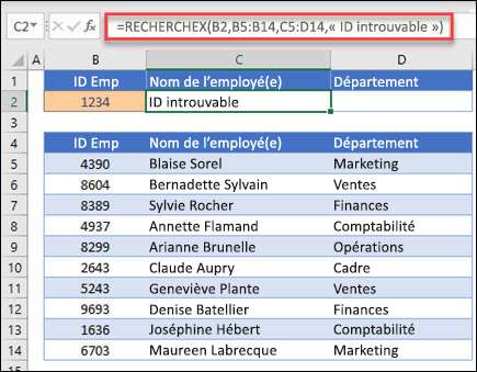 Exemple de la fonction XLOOKUP utilisée pour renvoyer un nom d’employé et un service en fonction de l’ID d’employé avec l’argument if_not_found. La formule est =XLOOKUP(B2,B5 :B14,C5 :D14,0,1,Employé introuvable)