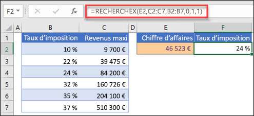 Image de la fonction RECHERCHEX utilisée pour retourner un taux d’imposition basé sur le revenu maximal. Il s’agit d’une correspondance approximative. La formule est la suivante : =XLOOKUP(E2,C2 :C7 ;B2 :B7,1,1)