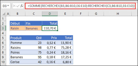 Utilisation de RECHERCHEX avec SOMME pour totaliser une plage de valeurs comprises entre deux sélections