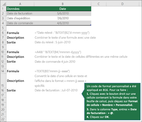 Exemples pour montrer comment les formules peuvent combiner du texte avec des valeurs de date et d’heure