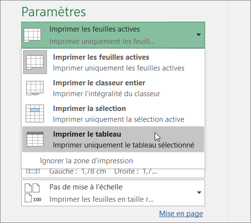 Imprimer le tableau sélectionné