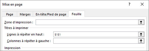 Onglet Feuille de la boîte de dialogue Mise en page