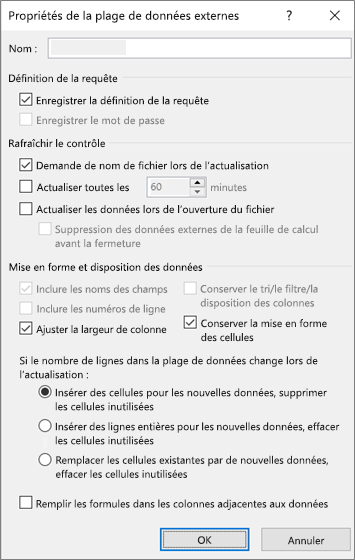 Exemple de boîte de dialogue des propriétés de plage de données externes