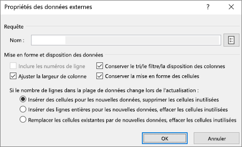 Exemple de boîte de dialogue des propriétés de plage externes
