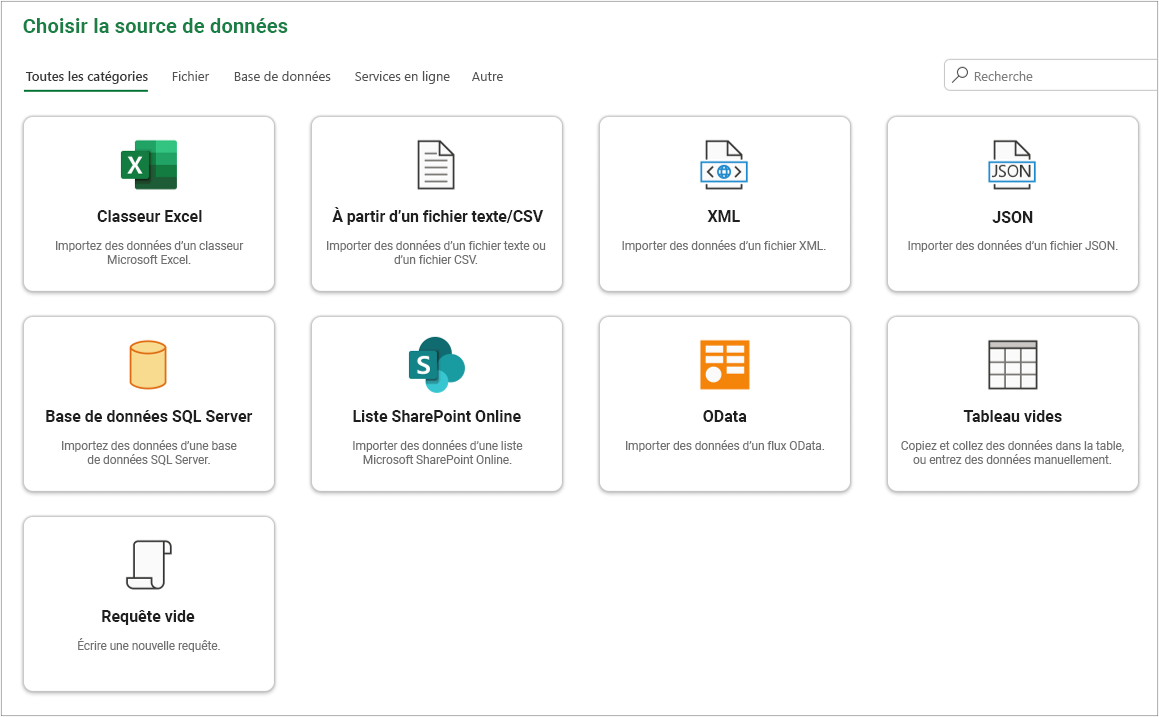Exemple de sources de données à sélectionner dans la boîte de dialogue