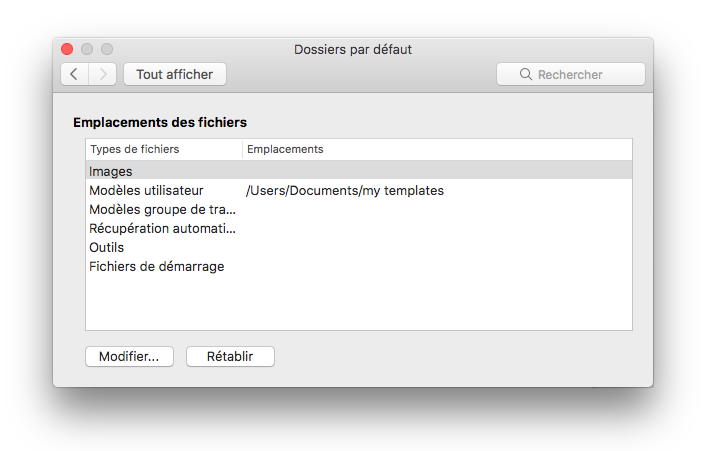 Capture d’écran du panneau De préférence Emplacements de fichiers de Microsoft Word