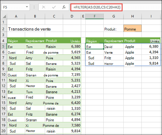 Fonction FILTRE - Filtrer sur le produit (Pomme)