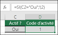 La cellule D2 contient une formule =SI(C2=Oui,1,2)