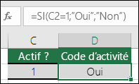 La cellule D2 contient la formule =SI(C2=1,OUI,NON)