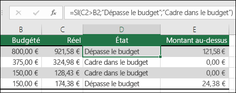 La formule dans la cellule D2 est =IF(C2>B2,Dépassement du budget,Dans le budget)