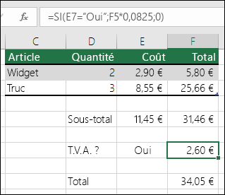 La formule dans la cellule F7 est SI(E7=Oui,F5*0.0825,0)