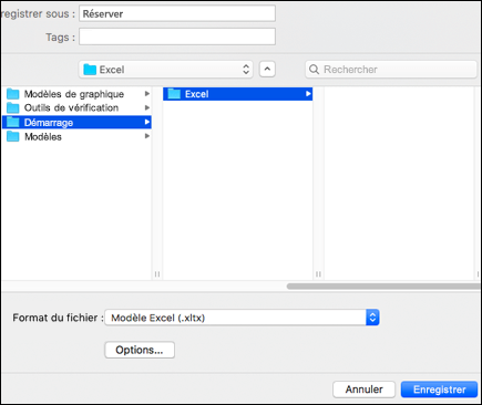Dans les résultats de la recherche, double-cliquez sur le dossier Démarrage, double-cliquez sur le dossier Excel, puis cliquez sur Enregistrer.