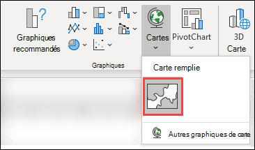 Pour insérer un graphique cartographique, sélectionnez une cellule dans votre plage de données, puis accédez à Insérer > des graphiques > Cartes > , sélectionnez l’icône Carte remplie.