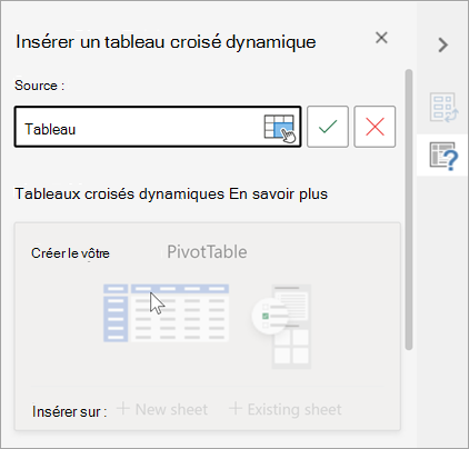 Insérez un volet de tableau croisé dynamique demandant l’utilisation d’une table ou d’une plage comme source et vous permettant de modifier la destination.