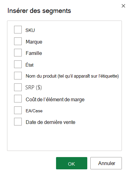 Capture d’écran des options Insérer un segment.