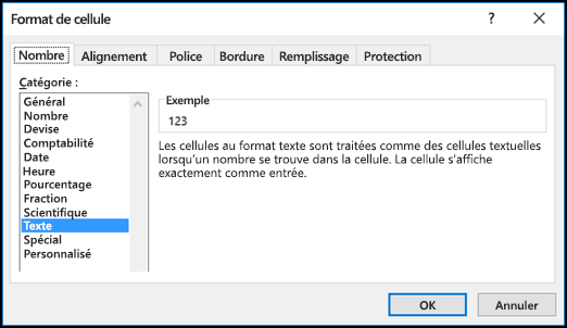 Boîte de dialogue Format de cellule affichant l’onglet Nombre et l’option Texte sélectionnée