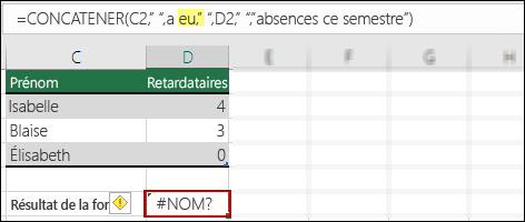 #NAME ?erreur provoquée par l’absence de guillemets doubles dans les valeurs de texte