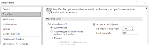 Capture d’écran des paramètres de calcul itératif