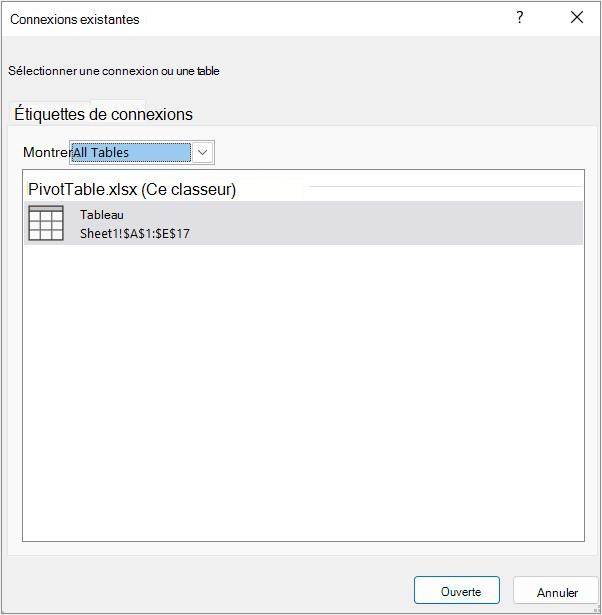 Onglet Tables de la boîte de dialogue Connexions existantes