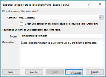 Boîte de dialogue de l’Assistant d’exportation vers SharePoint