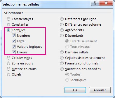 Options pour rechercher des formules dans la boîte de dialogue Sélectionner les cellules