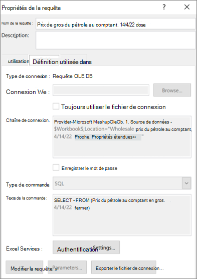 Propriétés de la connexion