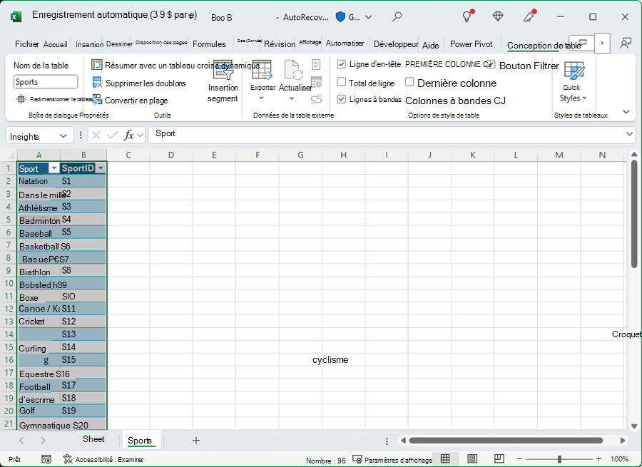 Nommer un tableau dans Excel