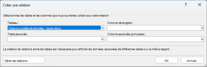 Fenêtre Créer une relation