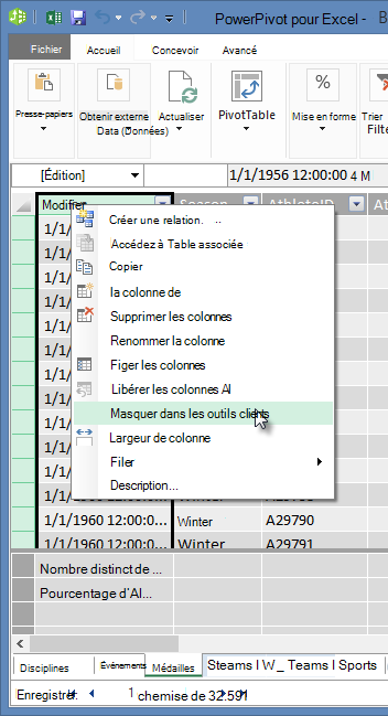 Cliquer avec le bouton droit pour masquer les champs de table dans les outils clients Excel