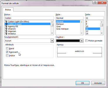 Boîte de dialogue Format avec indice sélectionné.