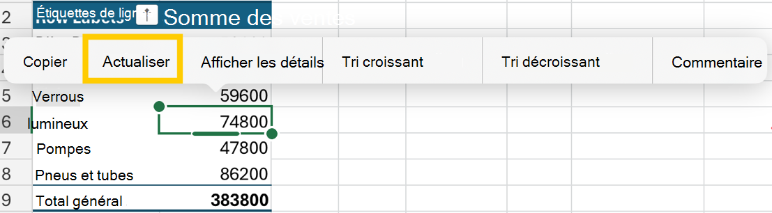 Actualisez le tableau croisé dynamique à partir du menu contextuel sur iPad.