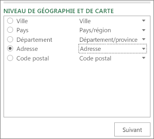 Niveau de géographie et de carte dans le volet Office