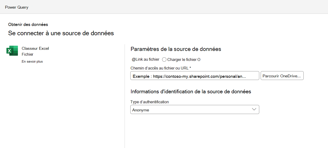 Menu des paramètres de connexion à la source de données,