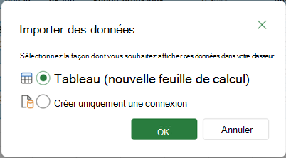 Options Importer des données qui s’affichent lorsque vous choisissez l’option Fermer & Charger vers.
