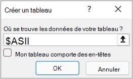 Boîte de dialogue À partir du tableau