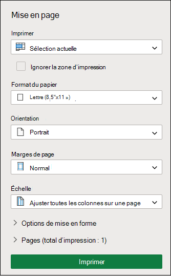Imprimer la sélection actuelle dans Excel pour le web
