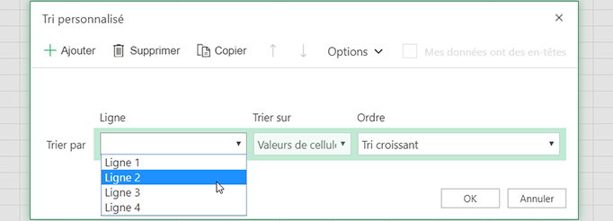 La liste déroulante de ligne s'ouvre dans la boîte de dialogue tri personnalisé lorsque vous sélectionnez le tri de la gauche vers la droite