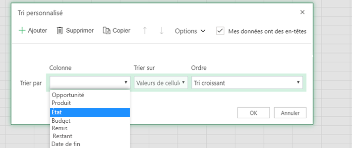 Sélectionner une colonne dans la boîte de dialogue de tri personnalisée